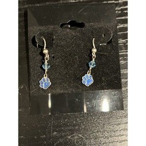 Silver Toned Dangle Dog Paw Blue Pierced Earrings